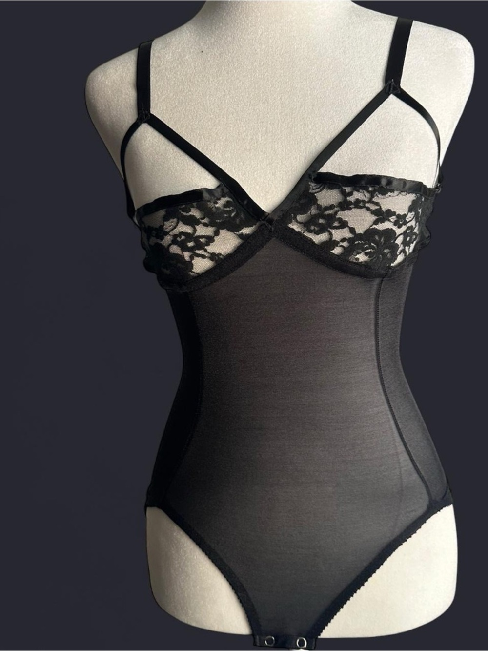 70s  Black Lace Bodysuit Chemise with Adjustable Straps